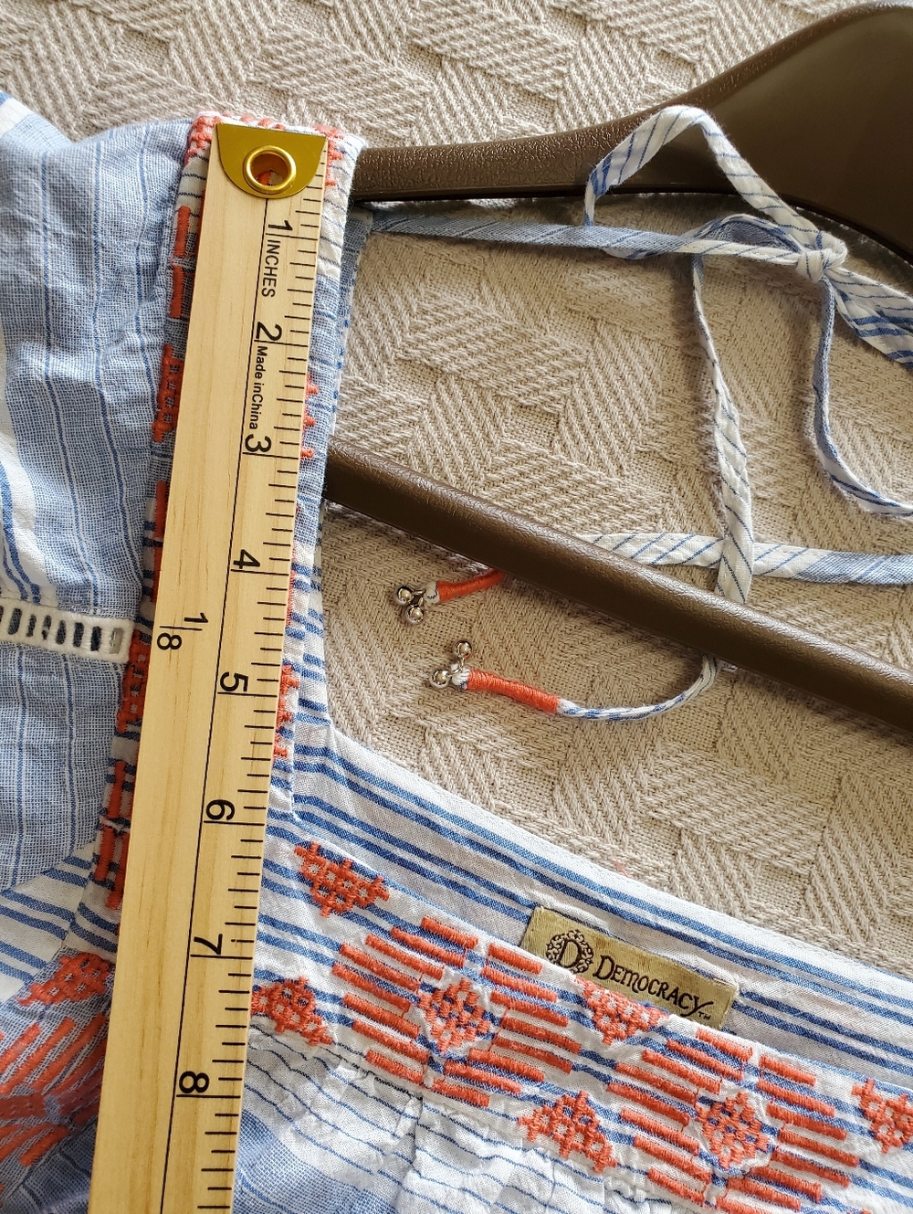 Democracy Blue Striped Boho Peasant Top with Red Embroidery and Lace Trim - Picture 8 of 14